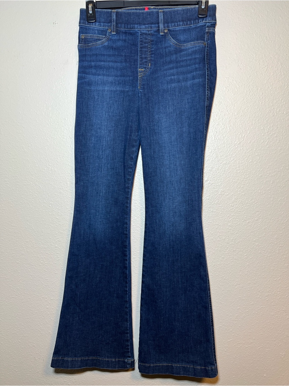 Spanx Pull On Flare Jeans Women M Blue Stretch Denim Boho High Rise Slimming